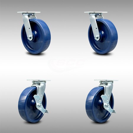 Service Caster 8 Inch Stainless Steel Solid Poly Swivel Caster Set with Roller Bearing 2 Brakes SCC-SS30S820-SPUR-2-TLB-2